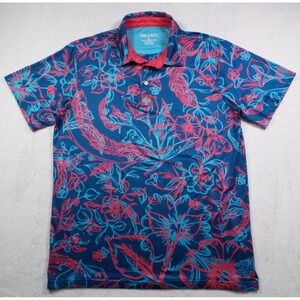 Pins & Aces Shirt Mens Size Large Blue Polo Golf Floral Short Sleeve Stretch